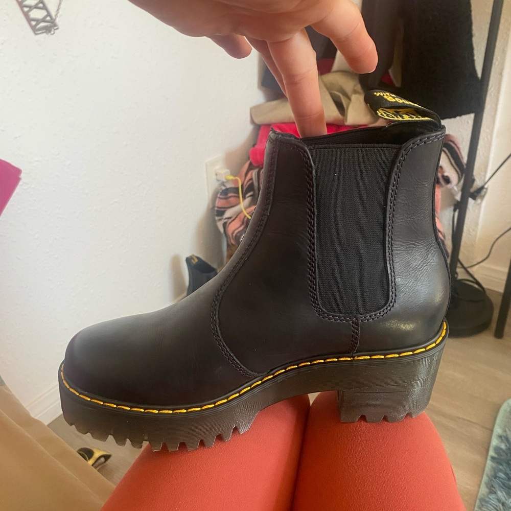 Dr. Martens Black laceless Ankle Boots with original Yellow Stitching/mini heel - Picture 2 of 9